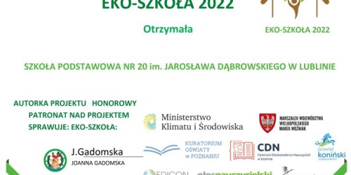 Tytuł Ekoszkoła 2022 dyplom