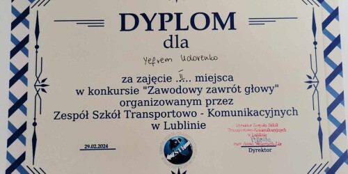 Dyplom dla Yefrema Udovenko